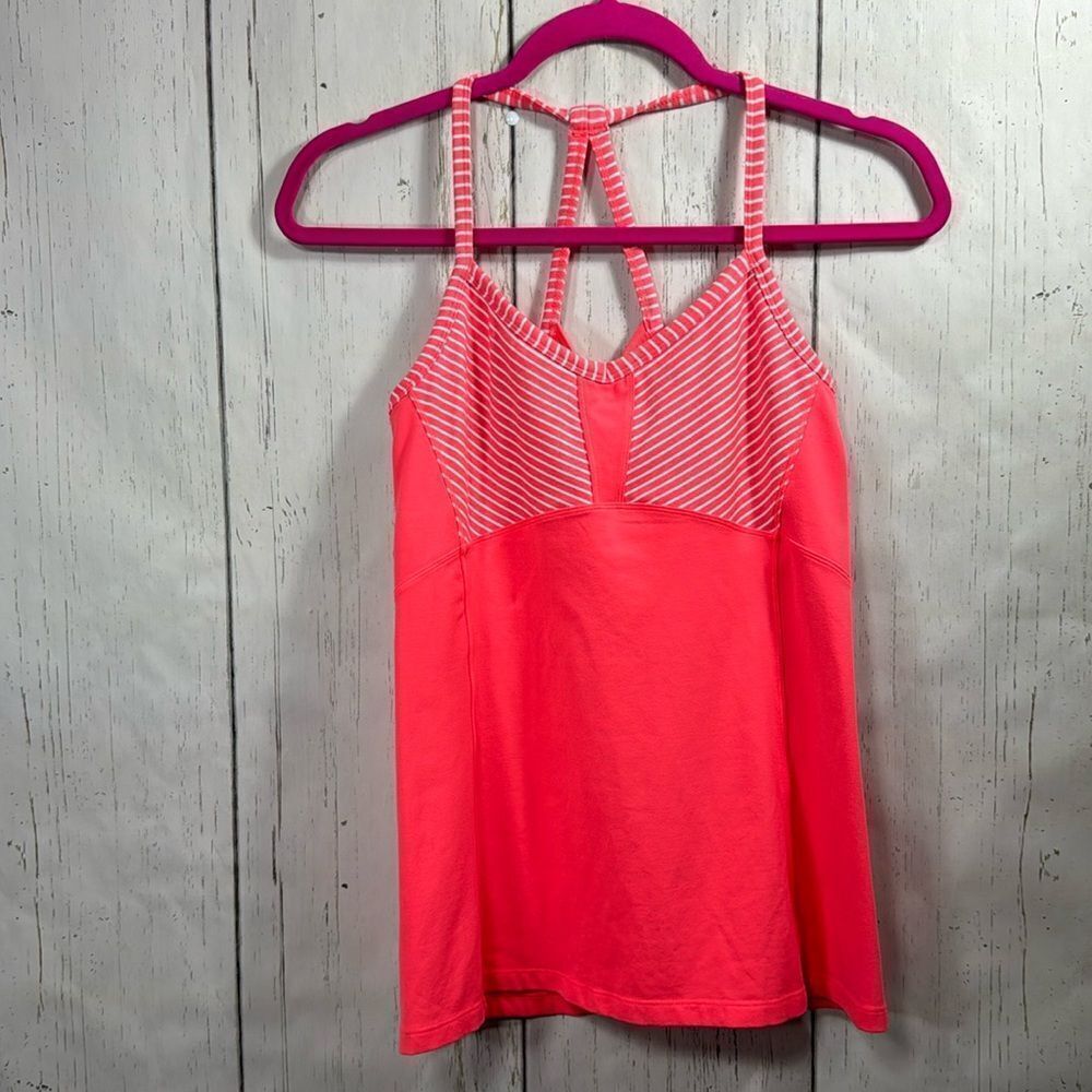 Athleta Strappy Halter Athletic Yoga Gym Peach Stripes Womens Tank Top